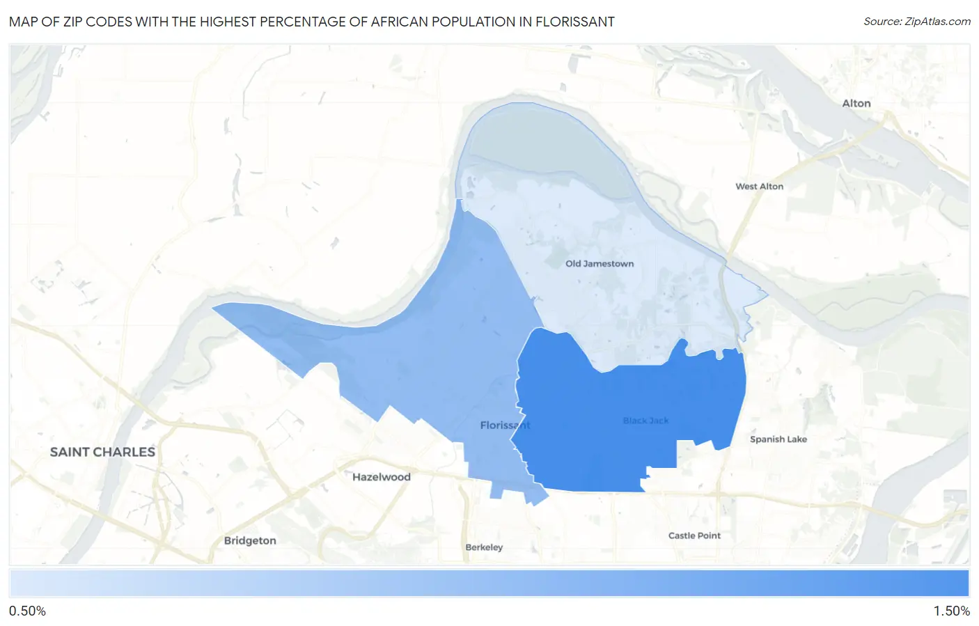 Zip Codes with the Highest Percentage of African Population in Florissant Map