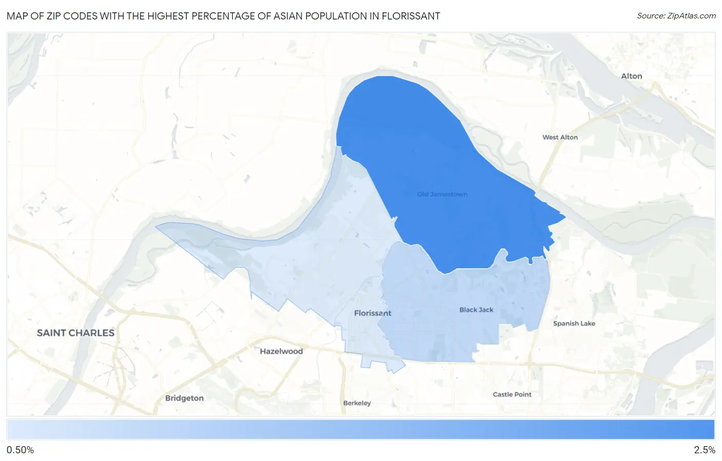 Zip Codes with the Highest Percentage of Asian Population in Florissant Map