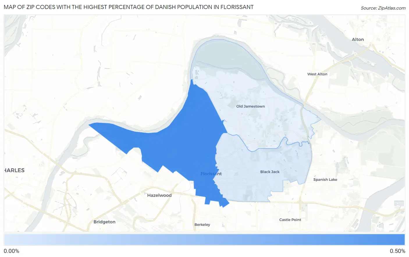Zip Codes with the Highest Percentage of Danish Population in Florissant Map