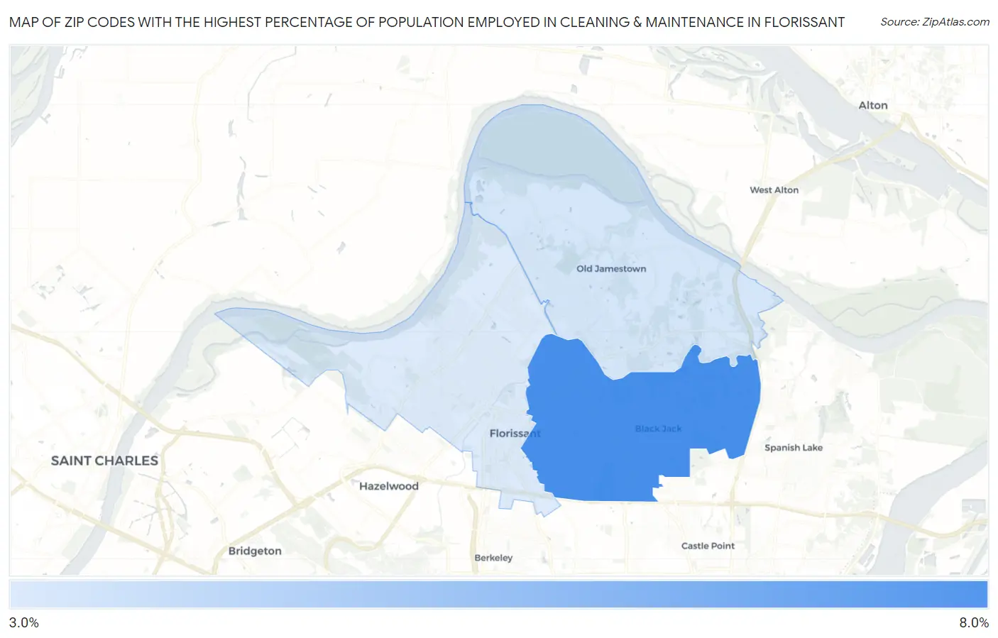 Zip Codes with the Highest Percentage of Population Employed in Cleaning & Maintenance in Florissant Map