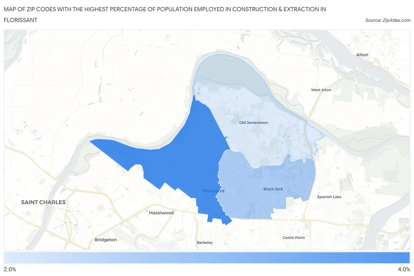 Zip Codes with the Highest Percentage of Population Employed in Construction & Extraction in Florissant Map
