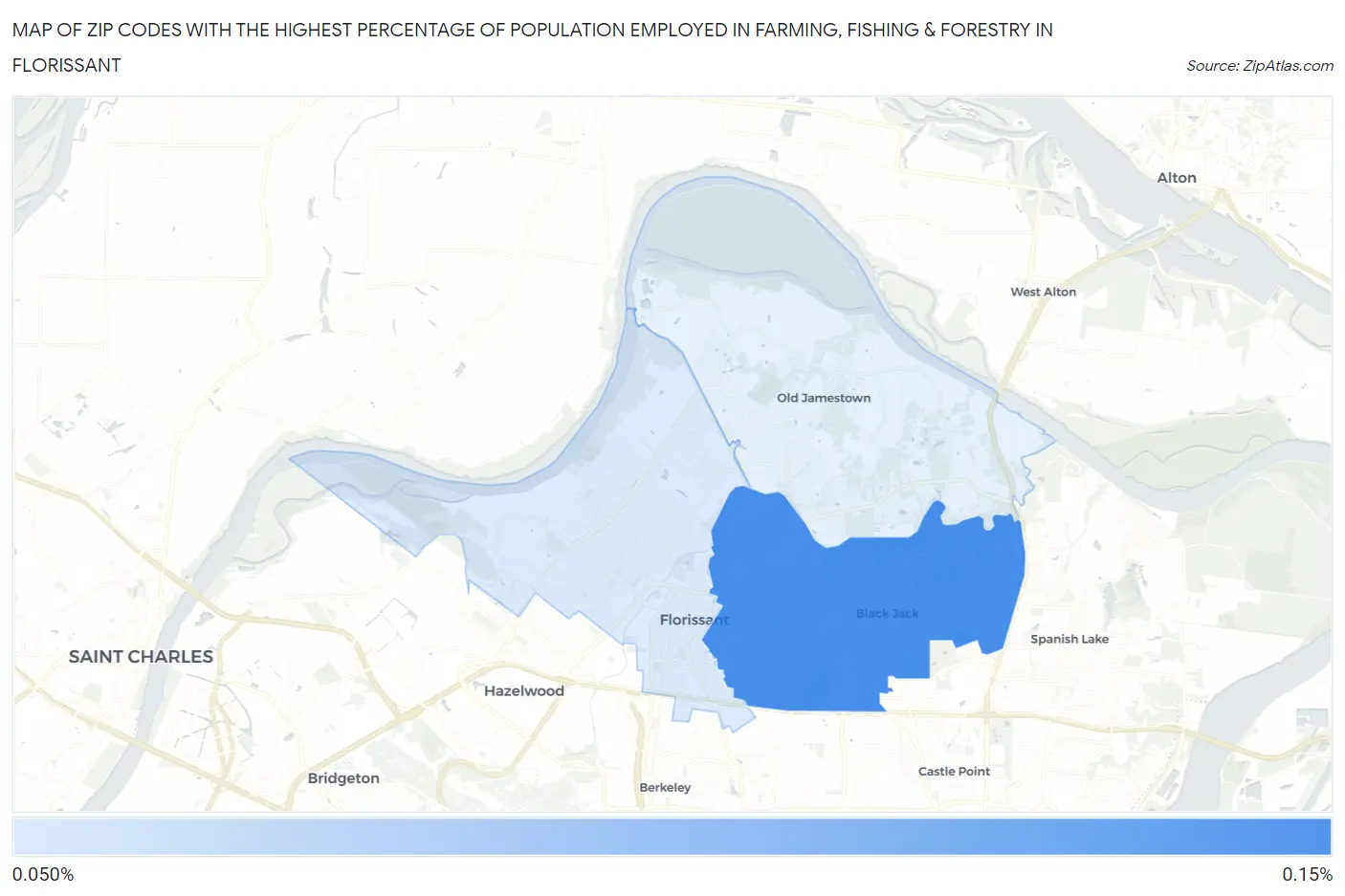 Zip Codes with the Highest Percentage of Population Employed in Farming, Fishing & Forestry in Florissant Map