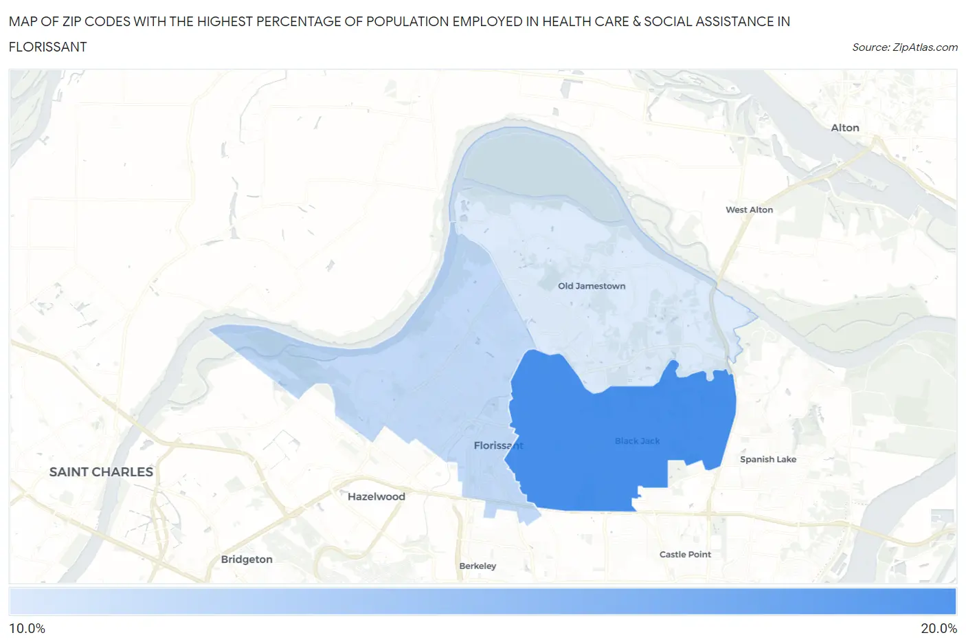 Zip Codes with the Highest Percentage of Population Employed in Health Care & Social Assistance in Florissant Map