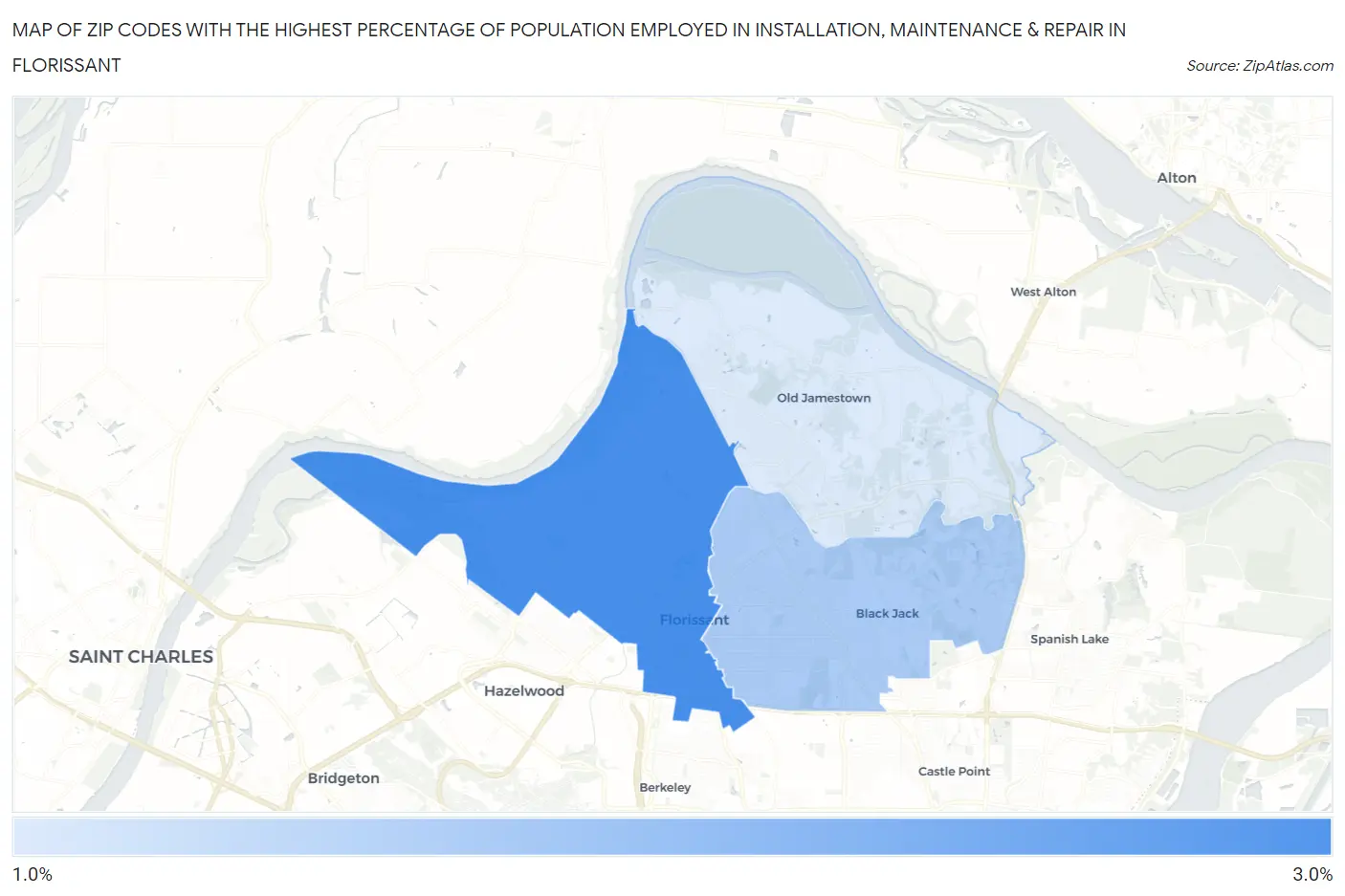 Zip Codes with the Highest Percentage of Population Employed in Installation, Maintenance & Repair in Florissant Map