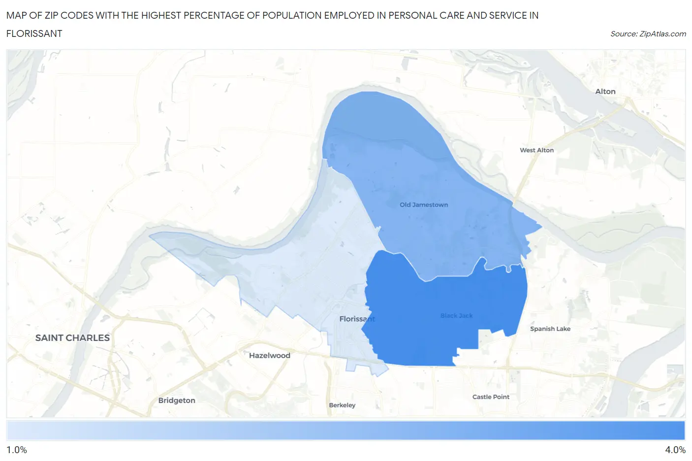 Zip Codes with the Highest Percentage of Population Employed in Personal Care and Service in Florissant Map