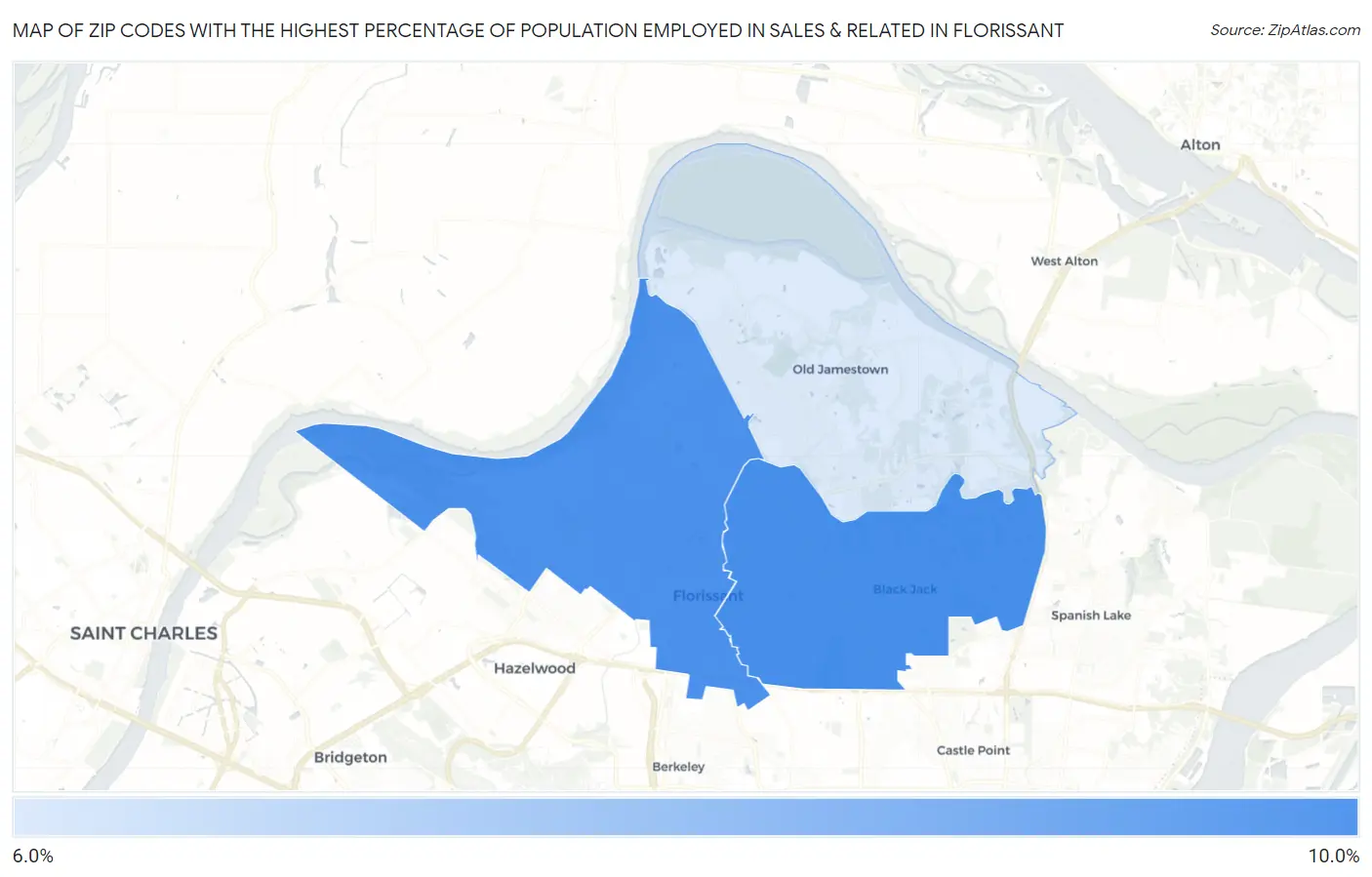 Zip Codes with the Highest Percentage of Population Employed in Sales & Related in Florissant Map