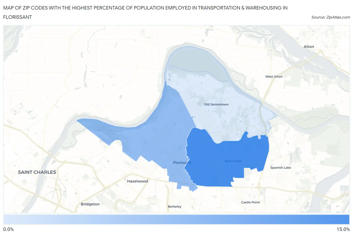 Zip Codes with the Highest Percentage of Population Employed in Transportation & Warehousing in Florissant Map
