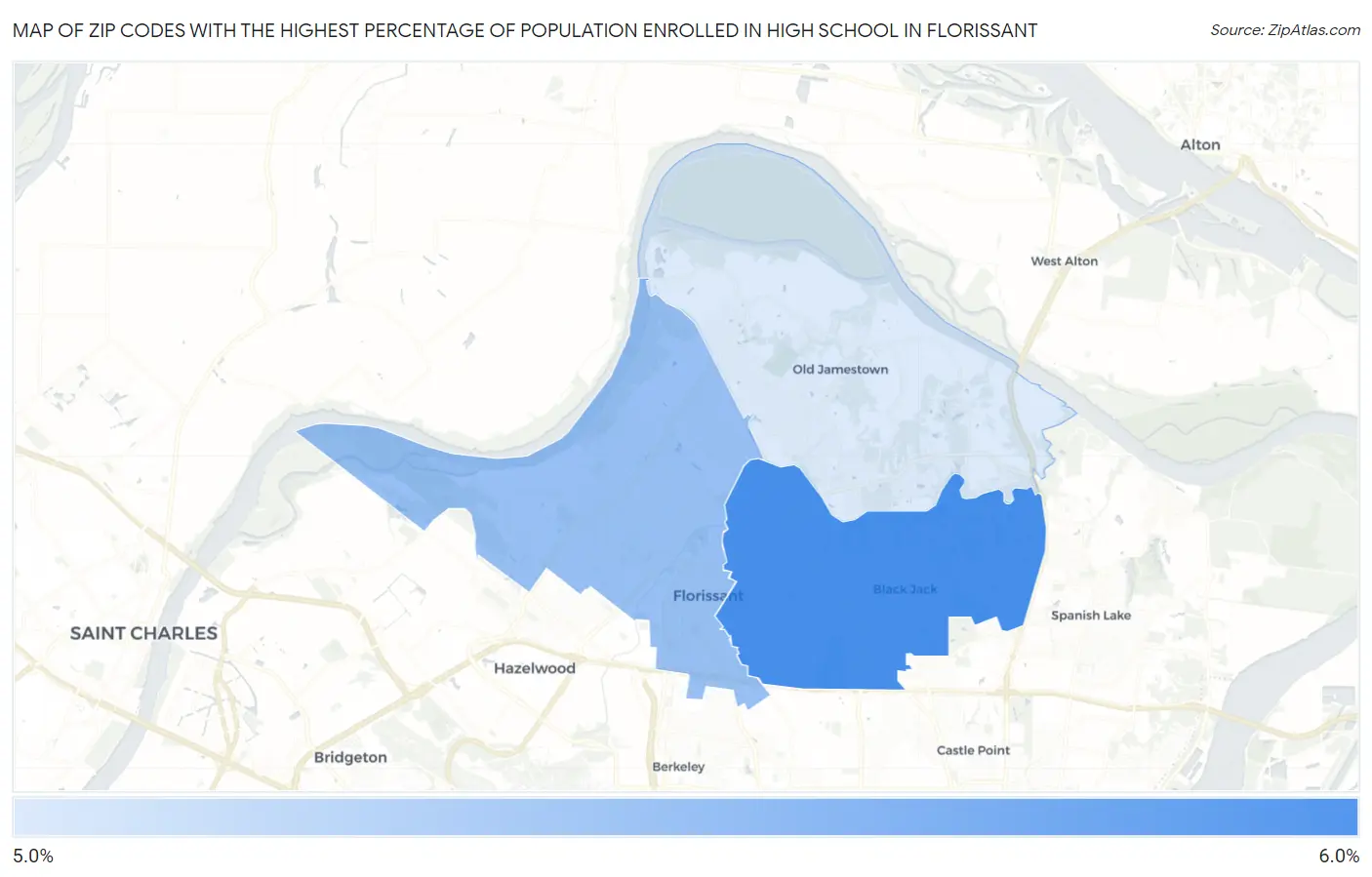 Zip Codes with the Highest Percentage of Population Enrolled in High School in Florissant Map