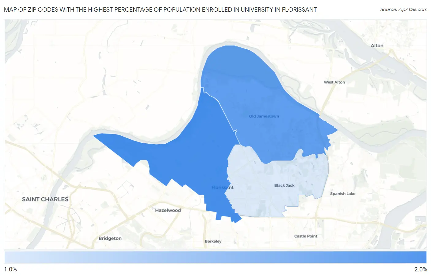 Zip Codes with the Highest Percentage of Population Enrolled in University in Florissant Map