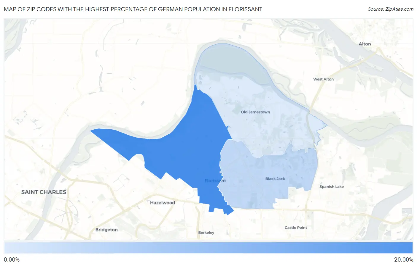 Zip Codes with the Highest Percentage of German Population in Florissant Map
