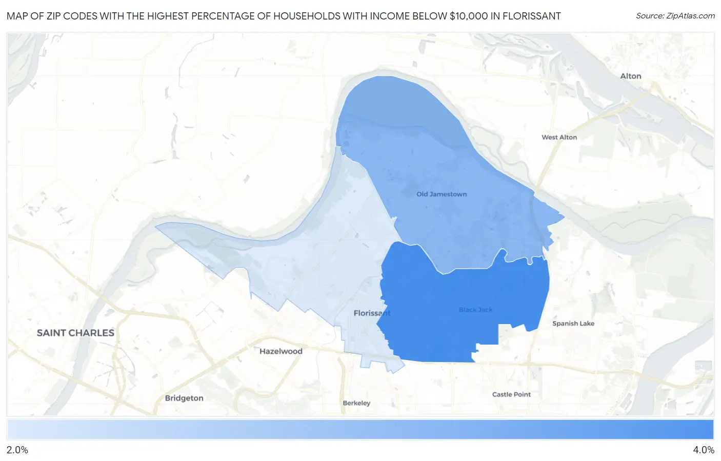 Zip Codes with the Highest Percentage of Households with Income Below $10,000 in Florissant Map