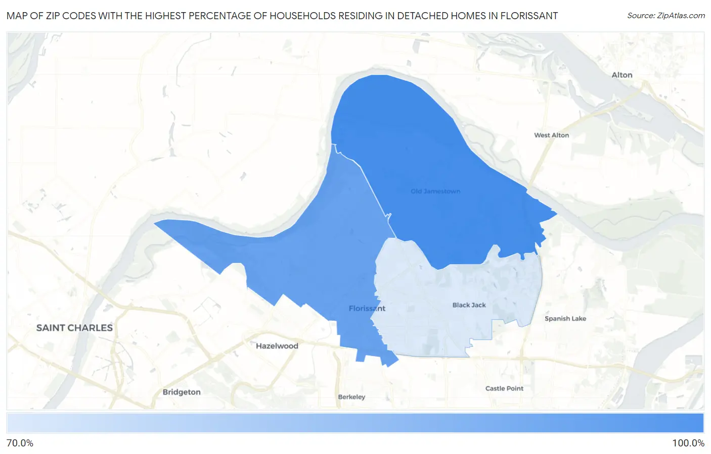 Zip Codes with the Highest Percentage of Households Residing in Detached Homes in Florissant Map
