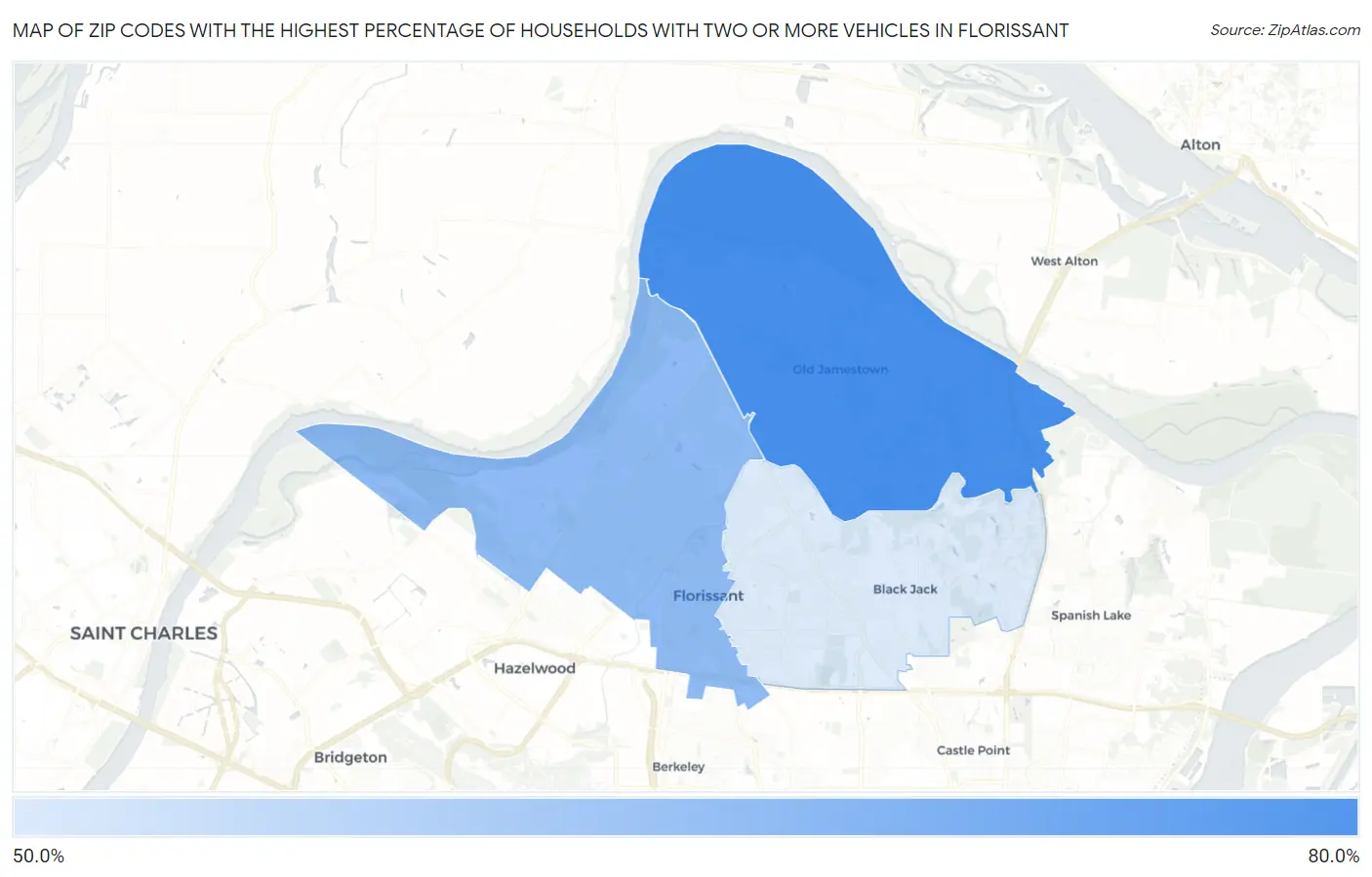 Zip Codes with the Highest Percentage of Households With Two or more Vehicles in Florissant Map