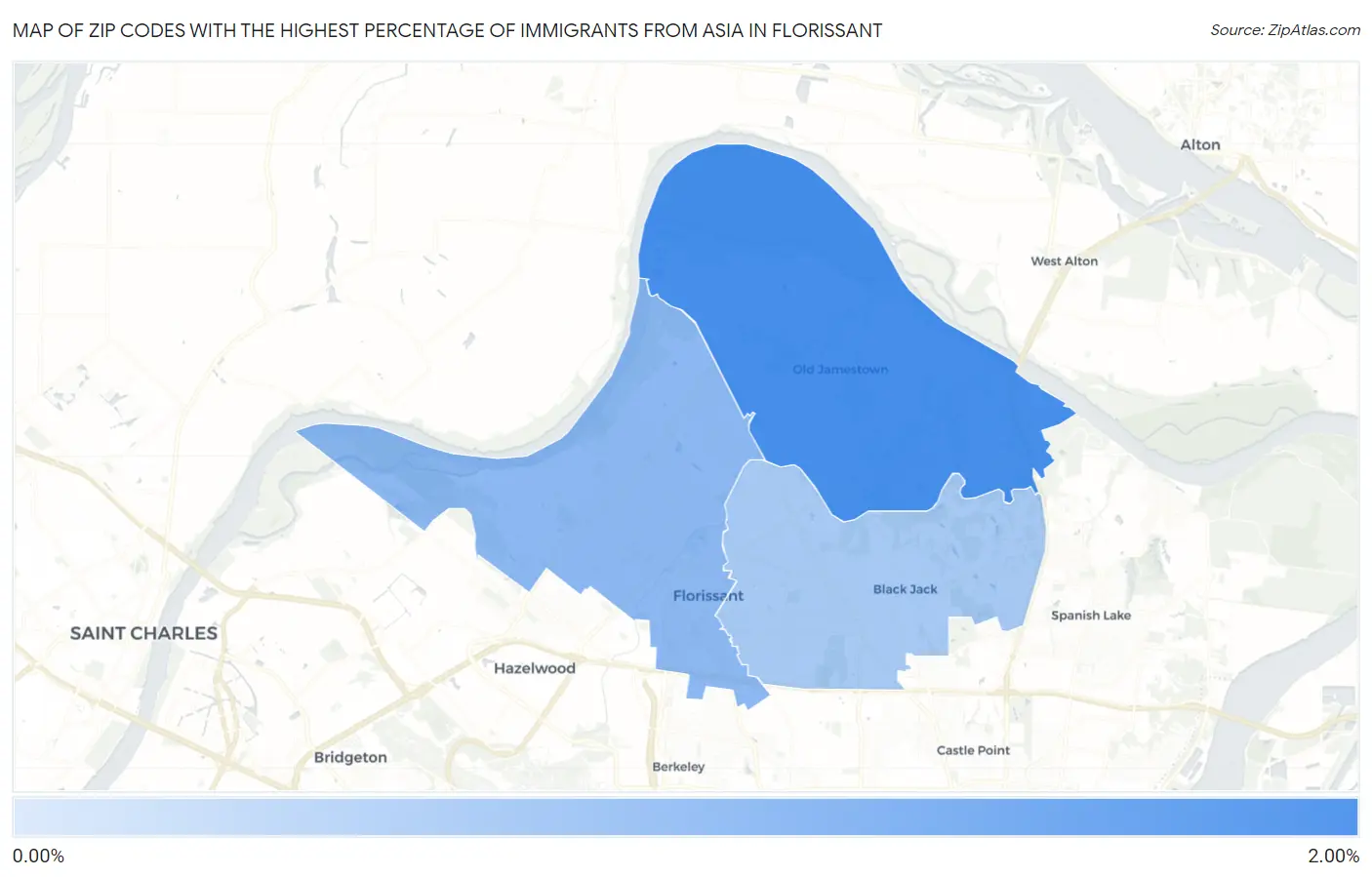 Zip Codes with the Highest Percentage of Immigrants from Asia in Florissant Map