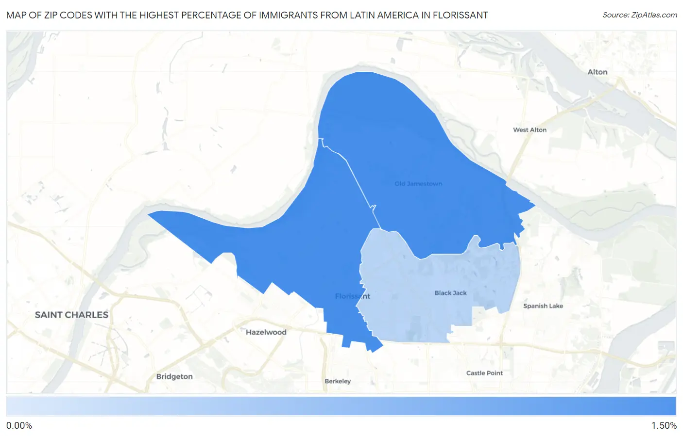 Zip Codes with the Highest Percentage of Immigrants from Latin America in Florissant Map