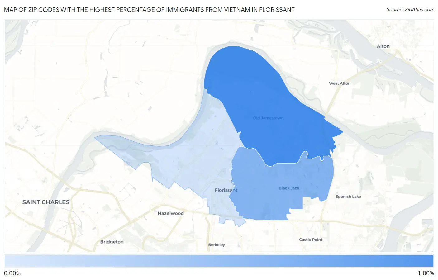 Zip Codes with the Highest Percentage of Immigrants from Vietnam in Florissant Map