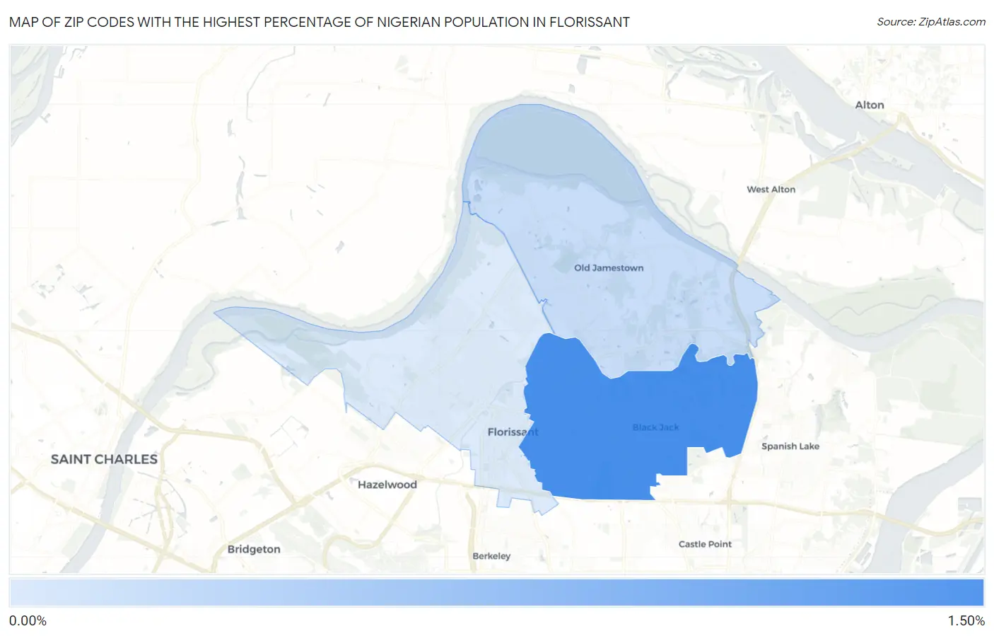 Zip Codes with the Highest Percentage of Nigerian Population in Florissant Map
