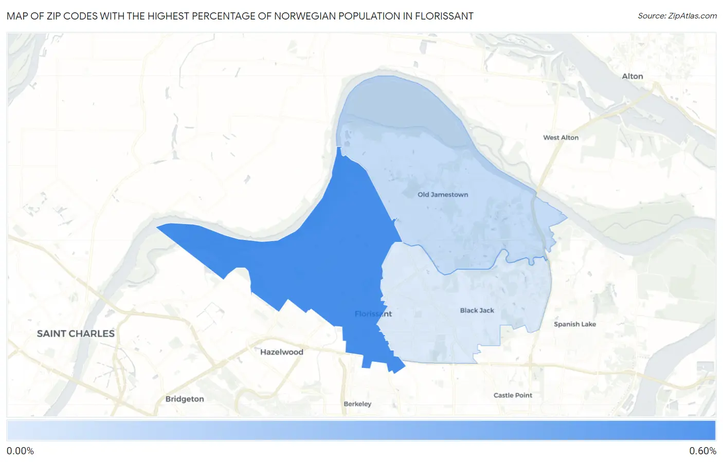 Zip Codes with the Highest Percentage of Norwegian Population in Florissant Map