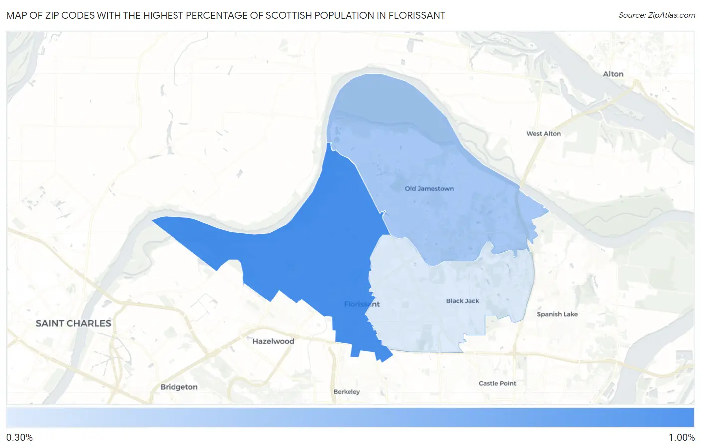 Zip Codes with the Highest Percentage of Scottish Population in Florissant Map