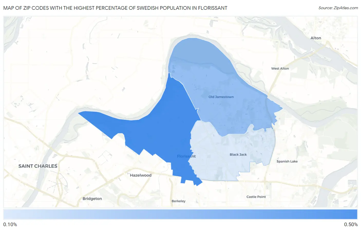 Zip Codes with the Highest Percentage of Swedish Population in Florissant Map