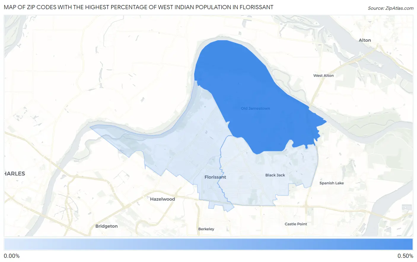 Zip Codes with the Highest Percentage of West Indian Population in Florissant Map