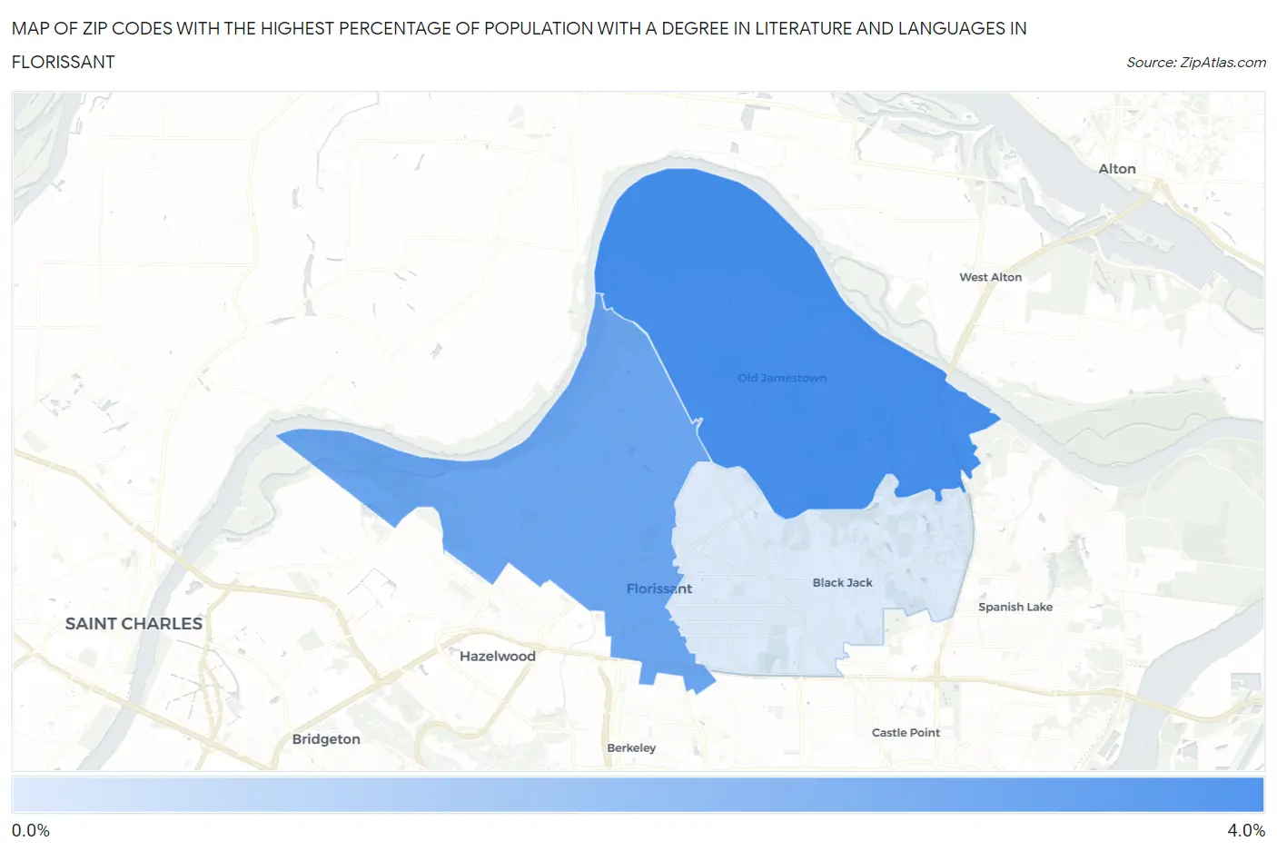 Zip Codes with the Highest Percentage of Population with a Degree in Literature and Languages in Florissant Map