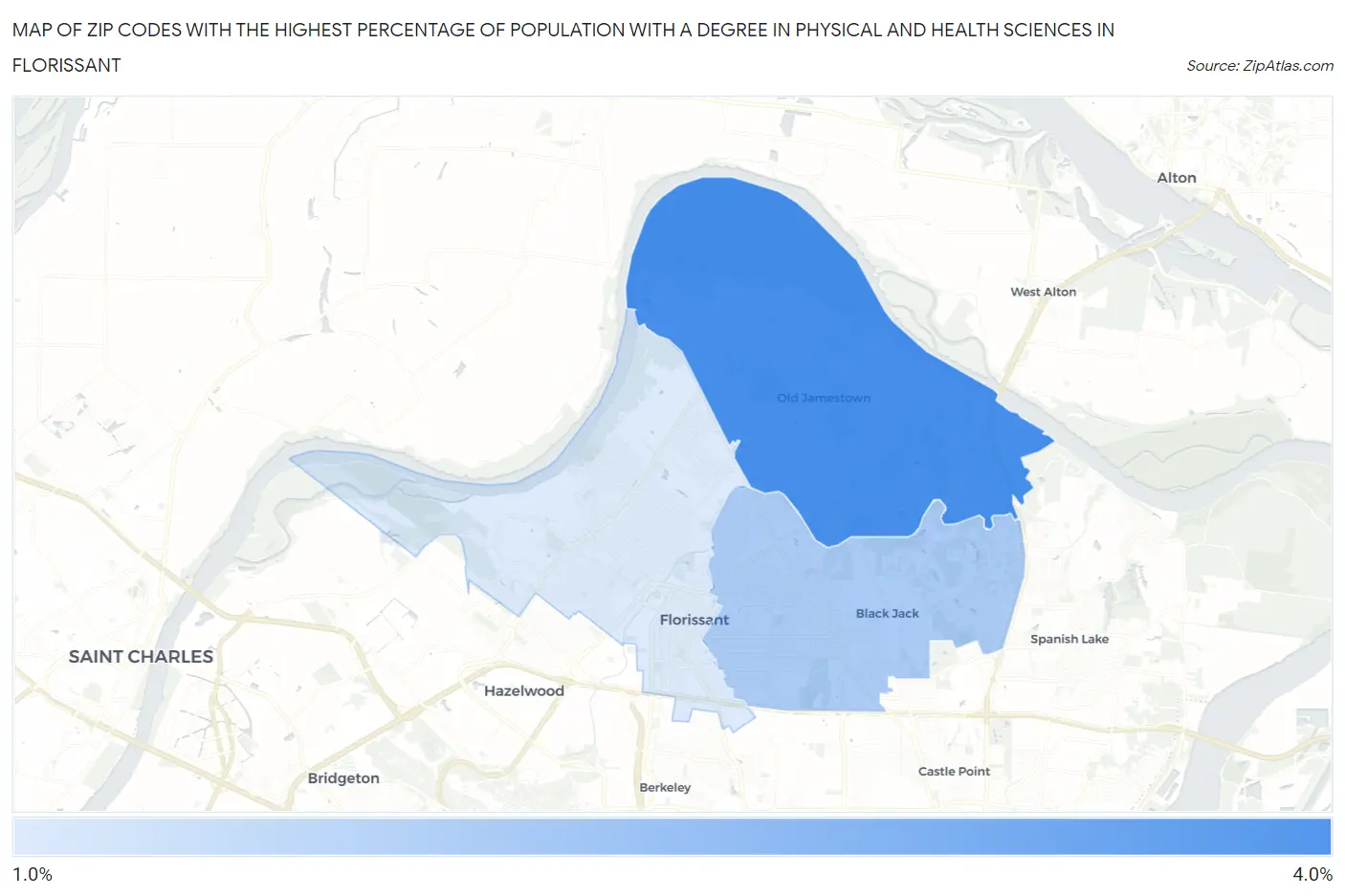 Zip Codes with the Highest Percentage of Population with a Degree in Physical and Health Sciences in Florissant Map