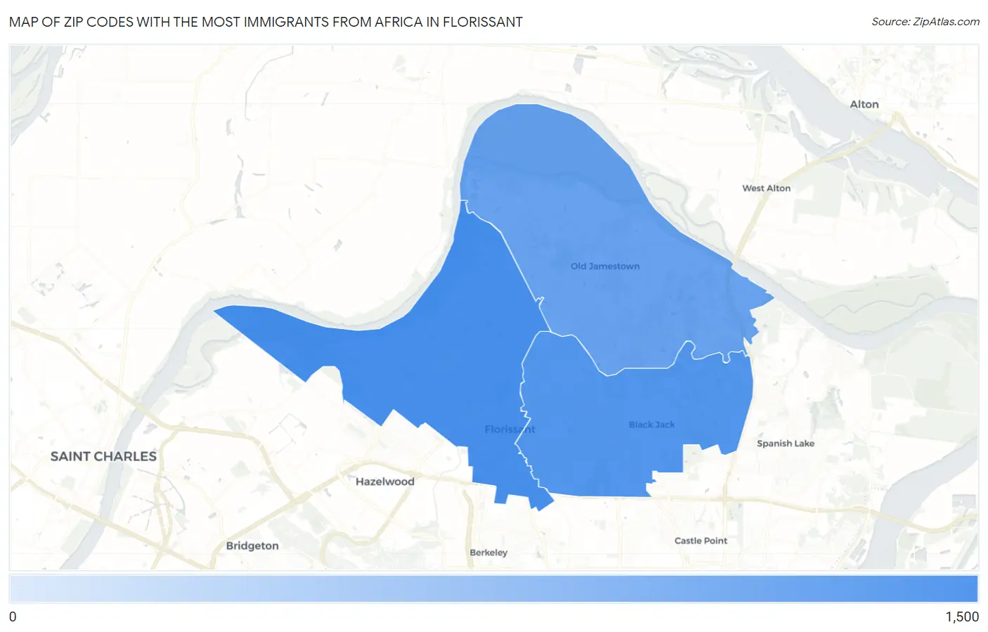 Zip Codes with the Most Immigrants from Africa in Florissant Map