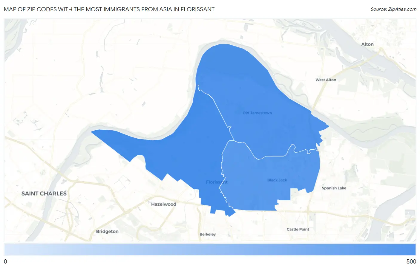 Zip Codes with the Most Immigrants from Asia in Florissant Map