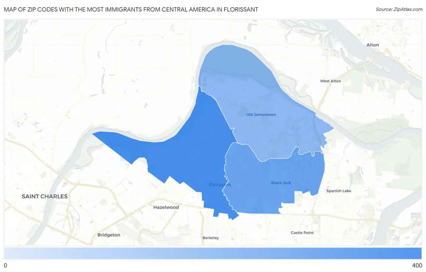 Zip Codes with the Most Immigrants from Central America in Florissant Map