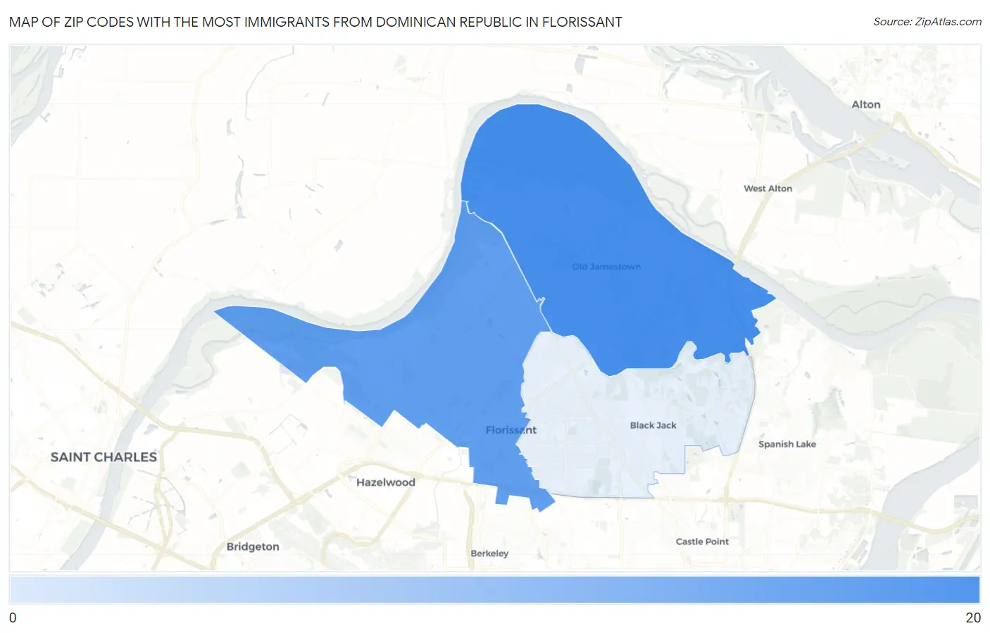 Zip Codes with the Most Immigrants from Dominican Republic in Florissant Map