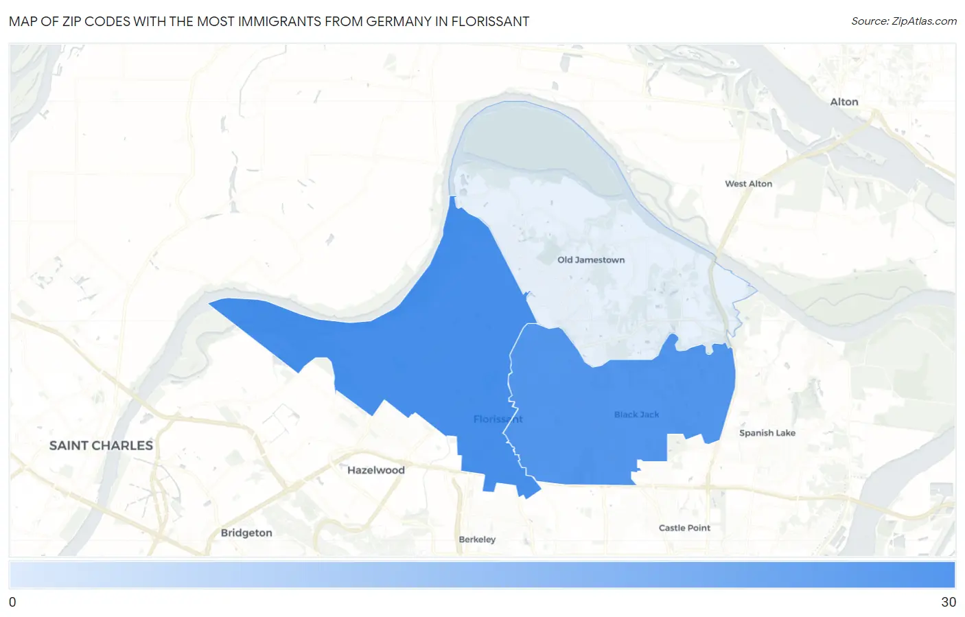 Zip Codes with the Most Immigrants from Germany in Florissant Map