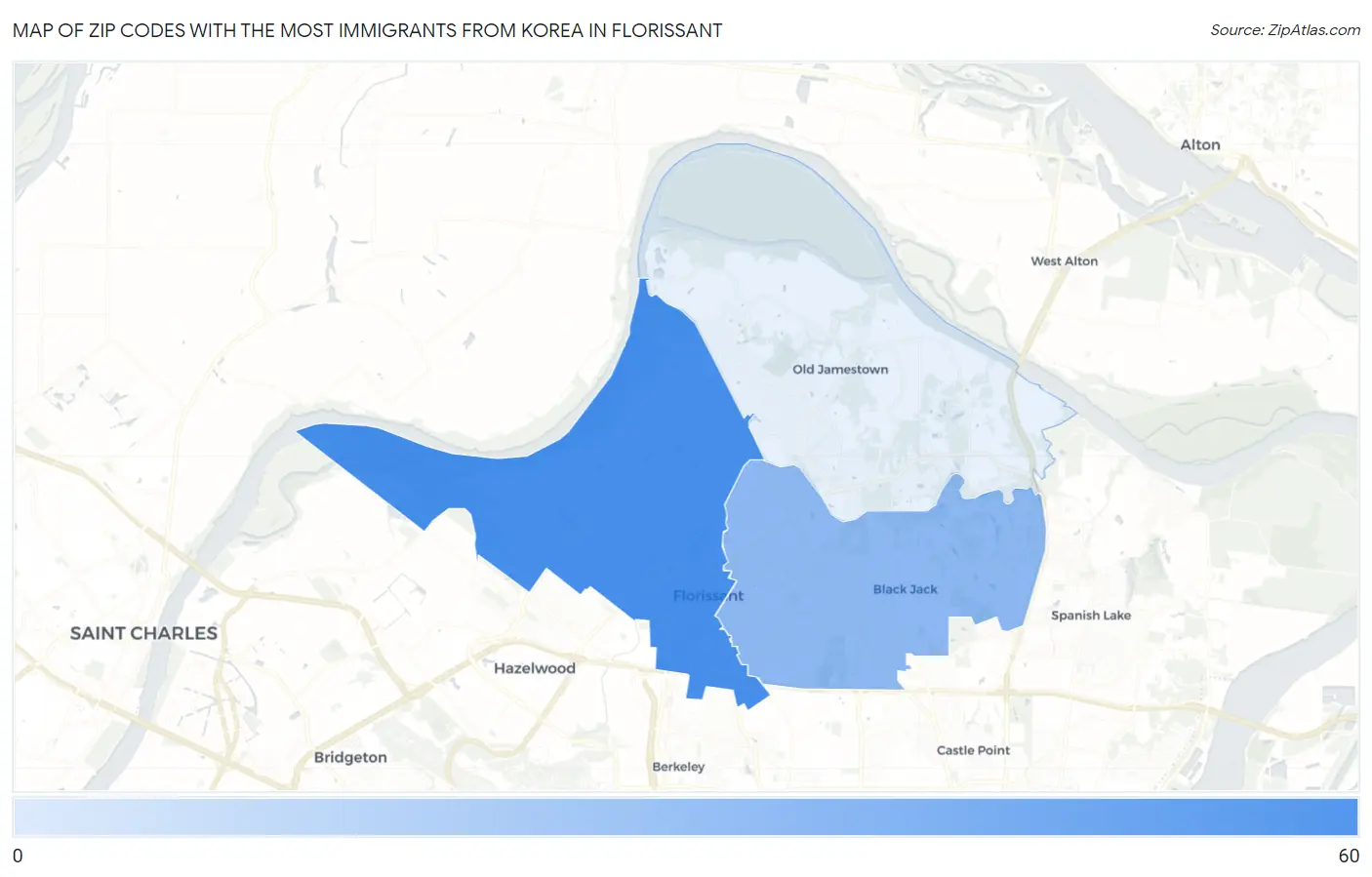 Zip Codes with the Most Immigrants from Korea in Florissant Map
