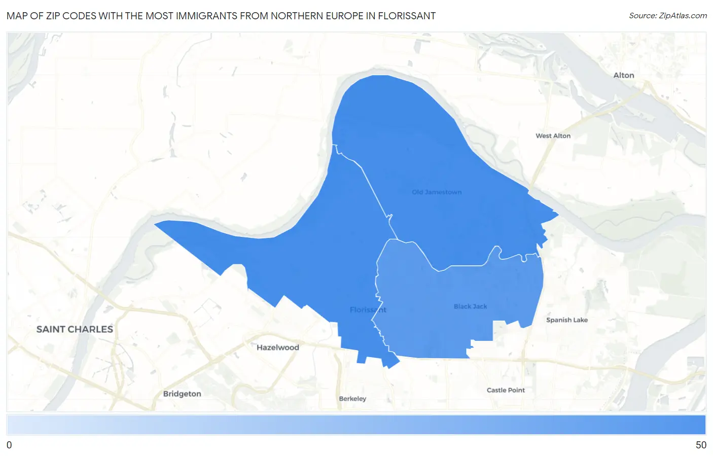 Zip Codes with the Most Immigrants from Northern Europe in Florissant Map
