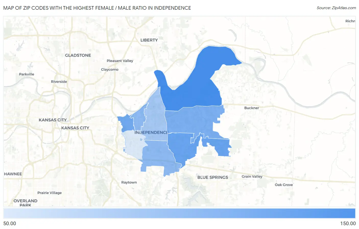 Zip Codes with the Highest Female / Male Ratio in Independence Map