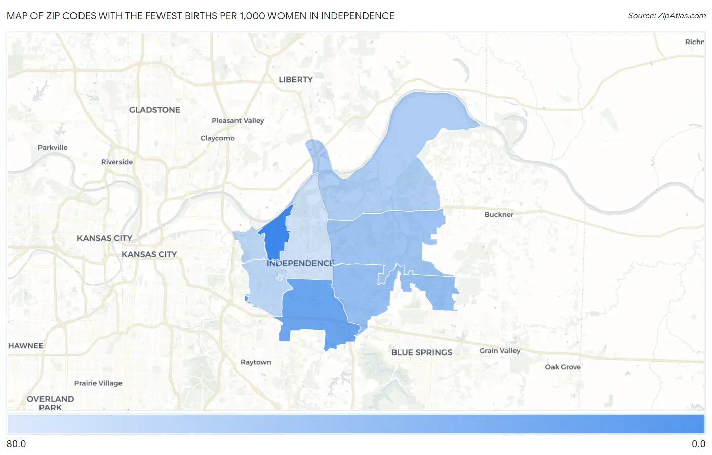 Zip Codes with the Fewest Births per 1,000 Women in Independence Map