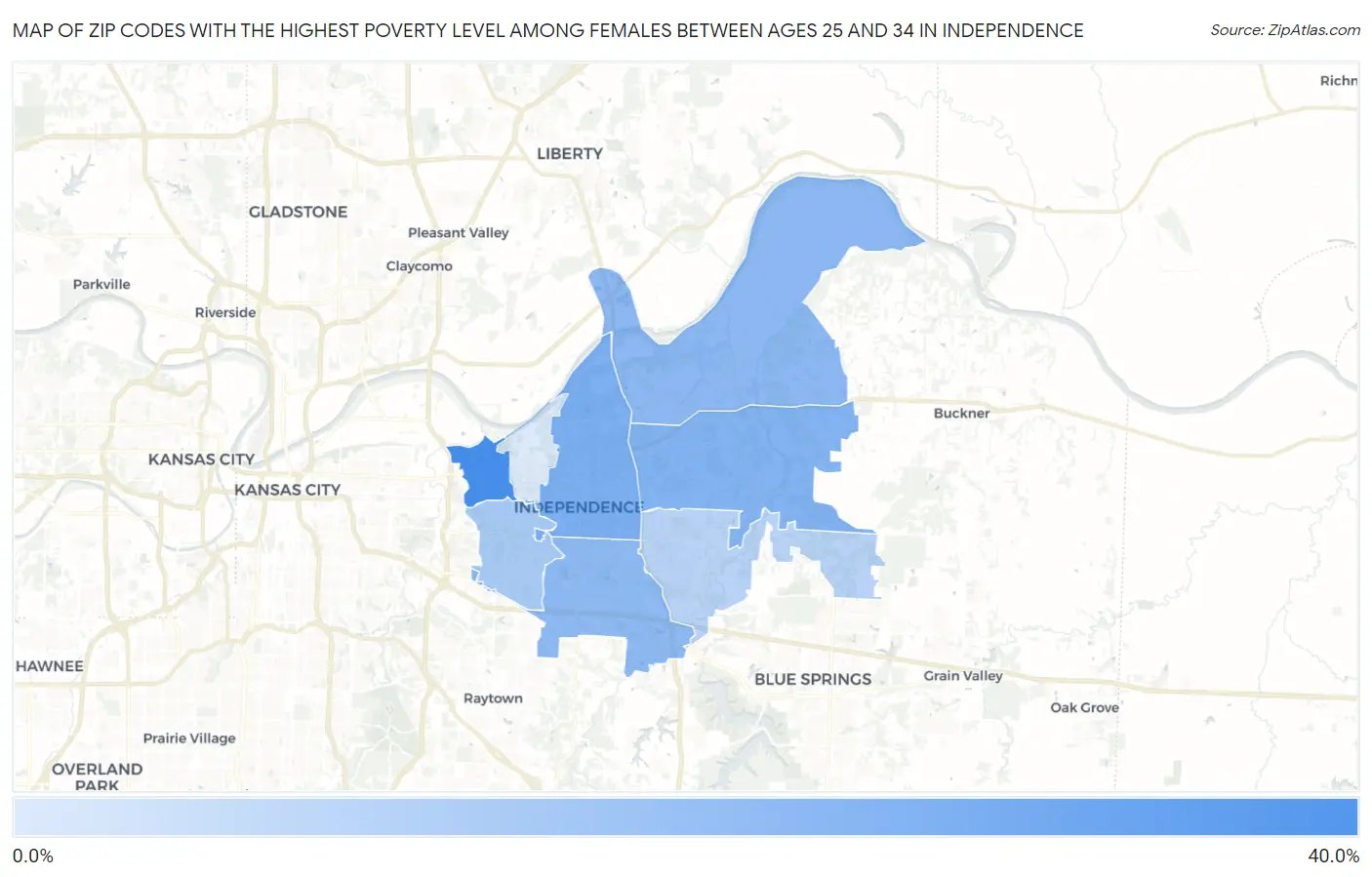 Zip Codes with the Highest Poverty Level Among Females Between Ages 25 and 34 in Independence Map