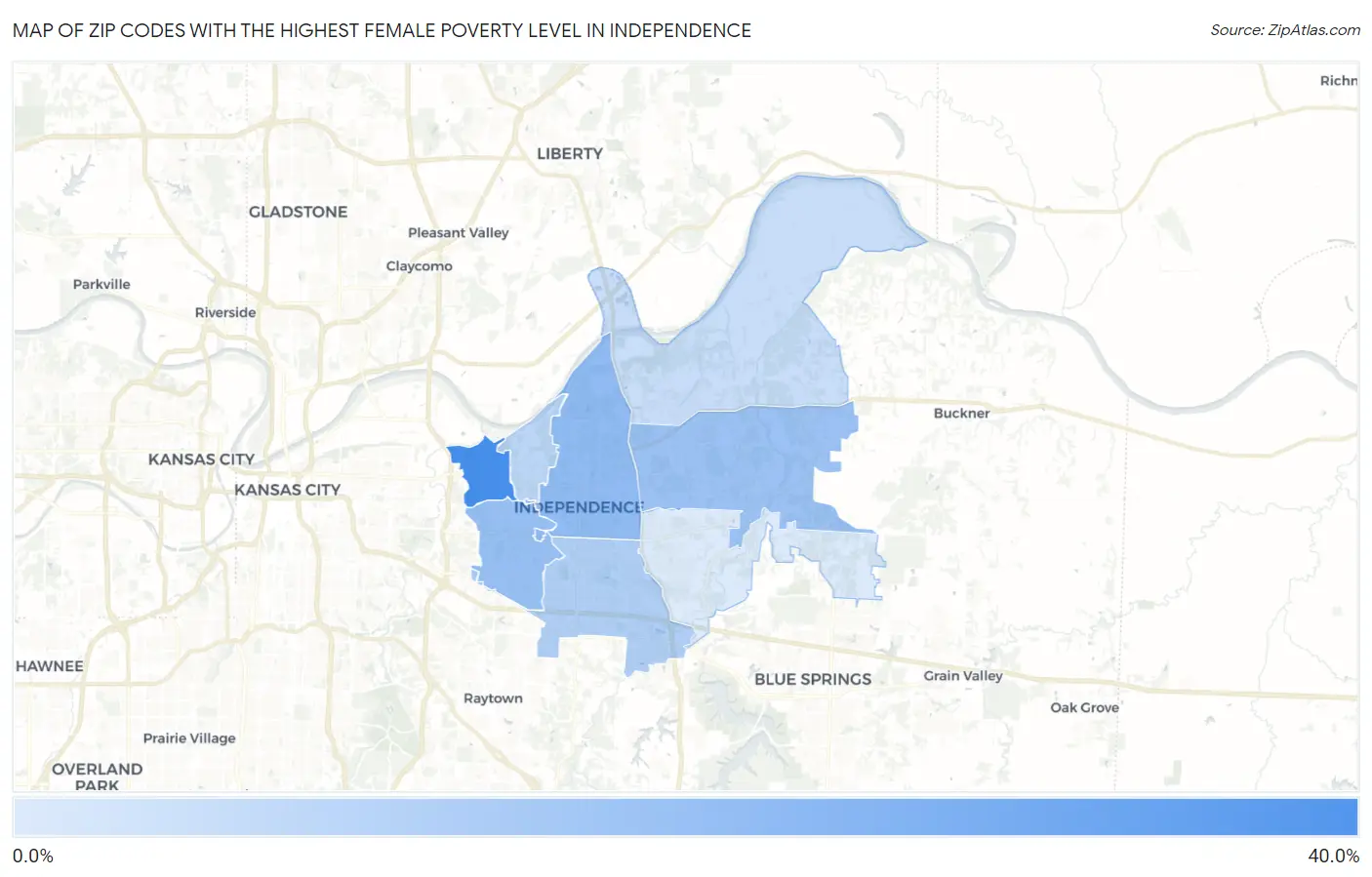 Zip Codes with the Highest Female Poverty Level in Independence Map