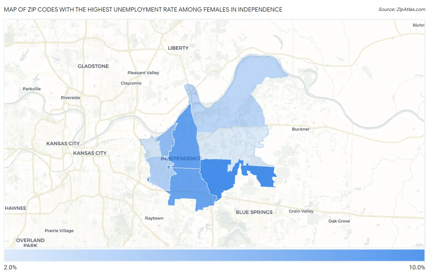 Zip Codes with the Highest Unemployment Rate Among Females in Independence Map