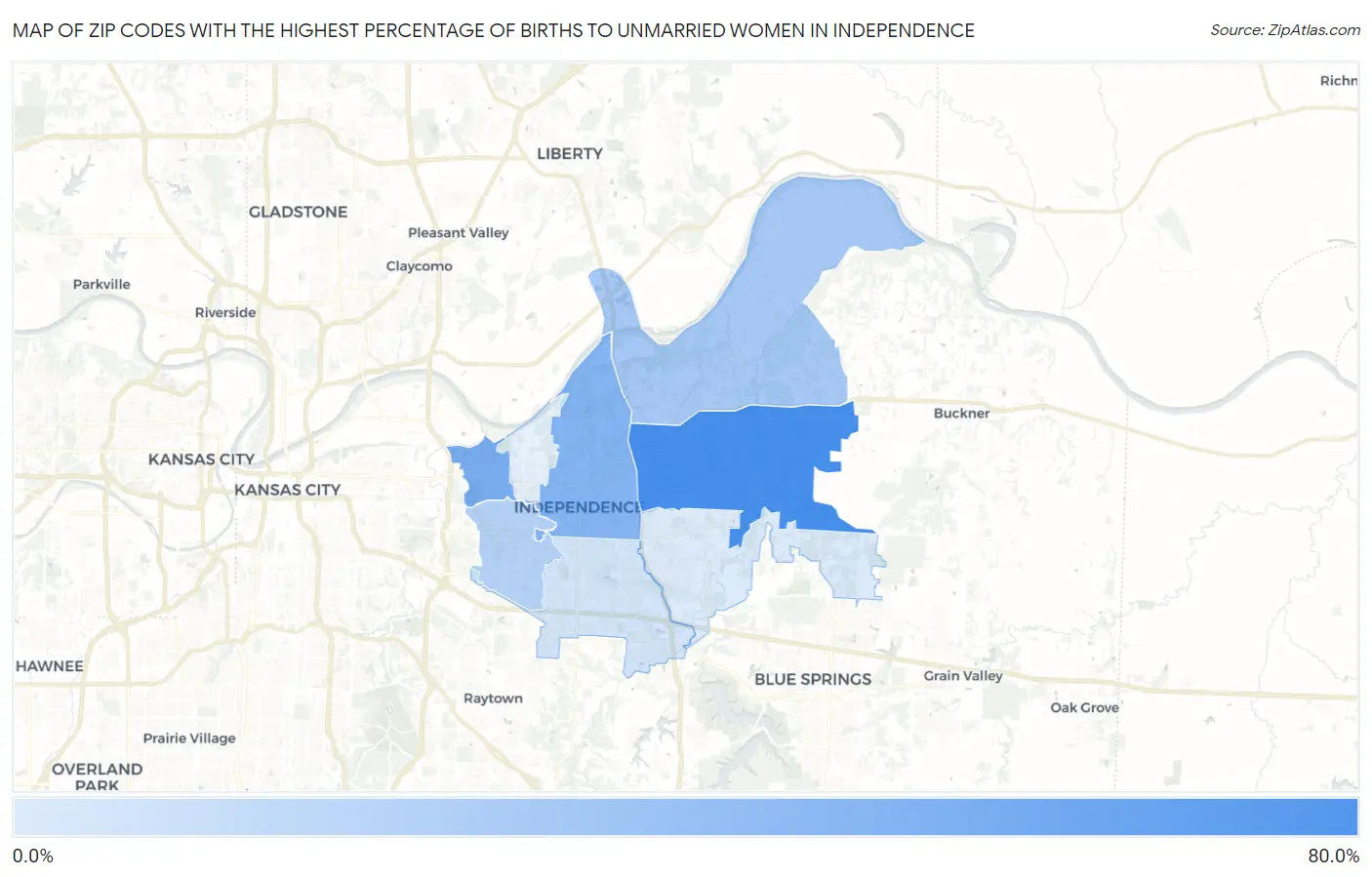 Zip Codes with the Highest Percentage of Births to Unmarried Women in Independence Map