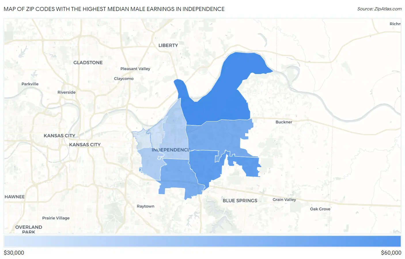 Zip Codes with the Highest Median Male Earnings in Independence Map