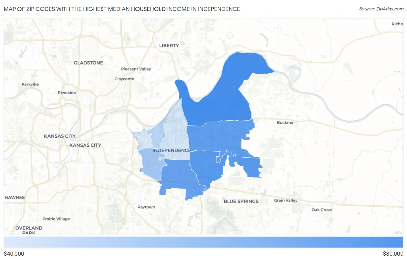 Zip Codes with the Highest Median Household Income in Independence Map