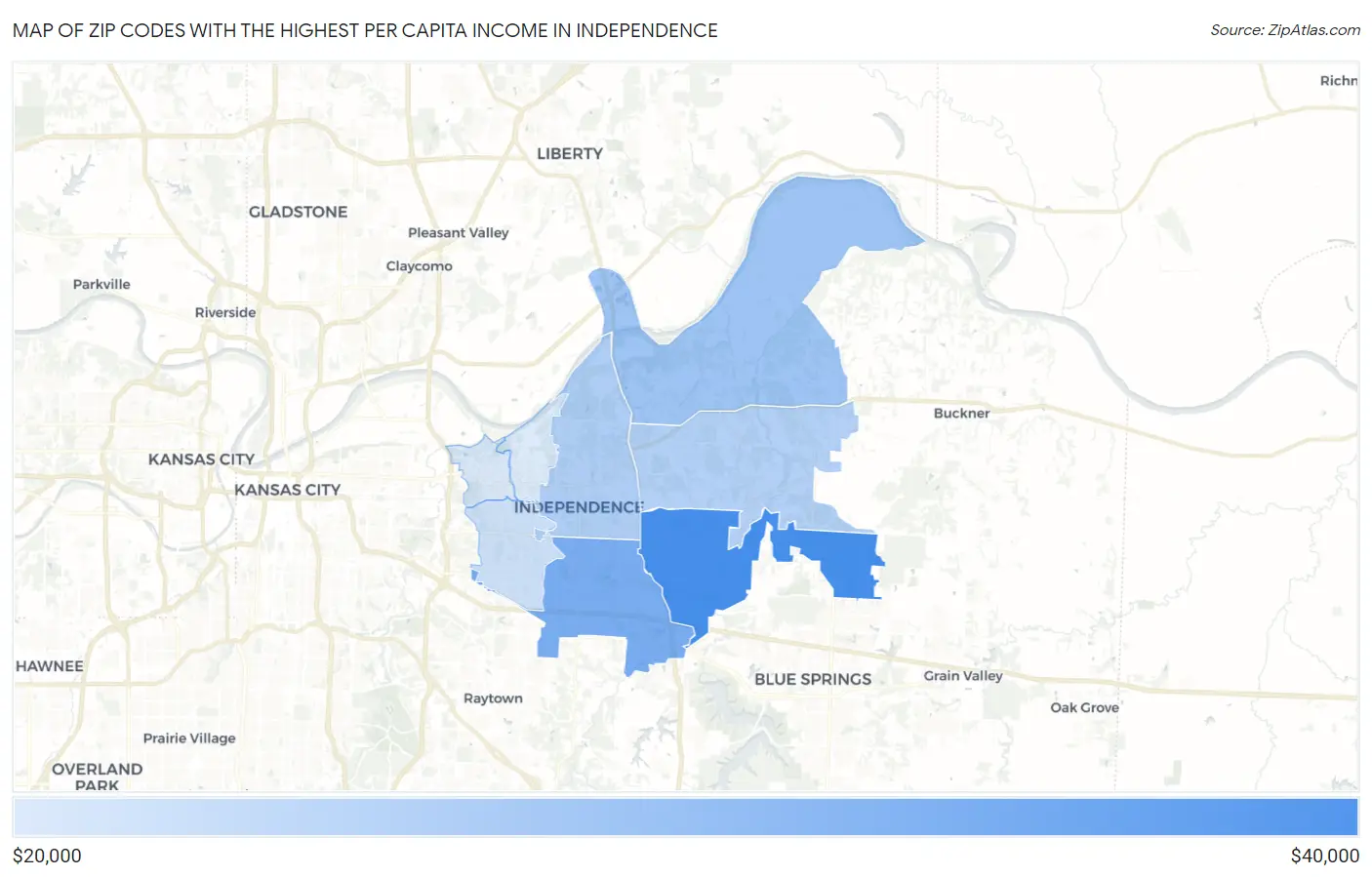 Zip Codes with the Highest Per Capita Income in Independence Map