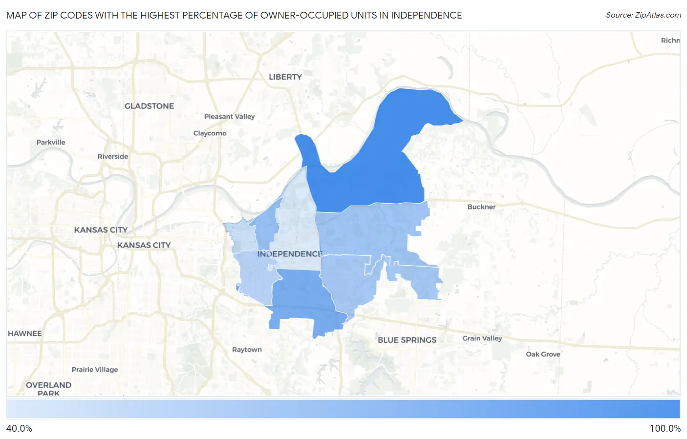 Zip Codes with the Highest Percentage of Owner-Occupied Units in Independence Map