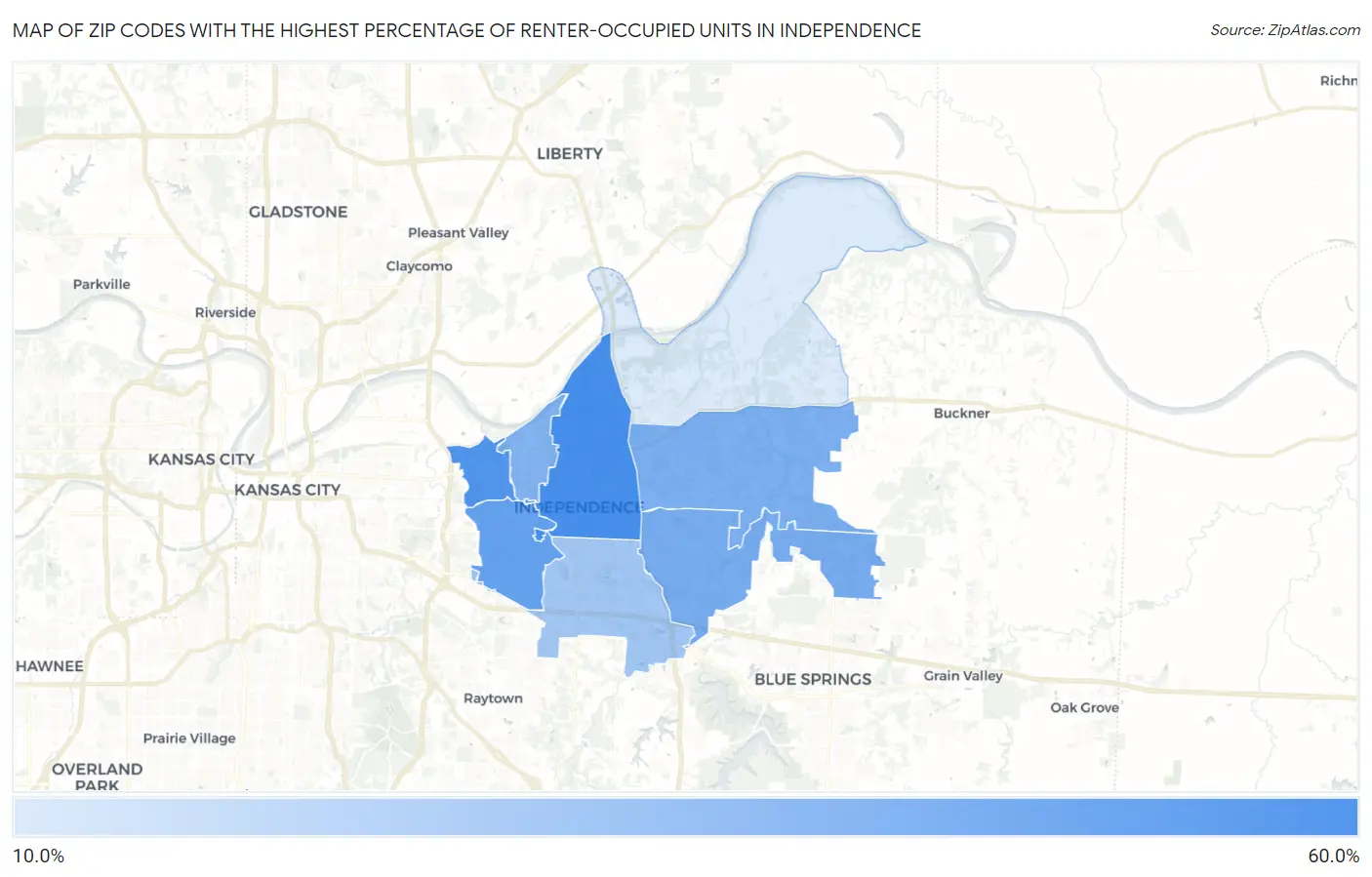 Zip Codes with the Highest Percentage of Renter-Occupied Units in Independence Map