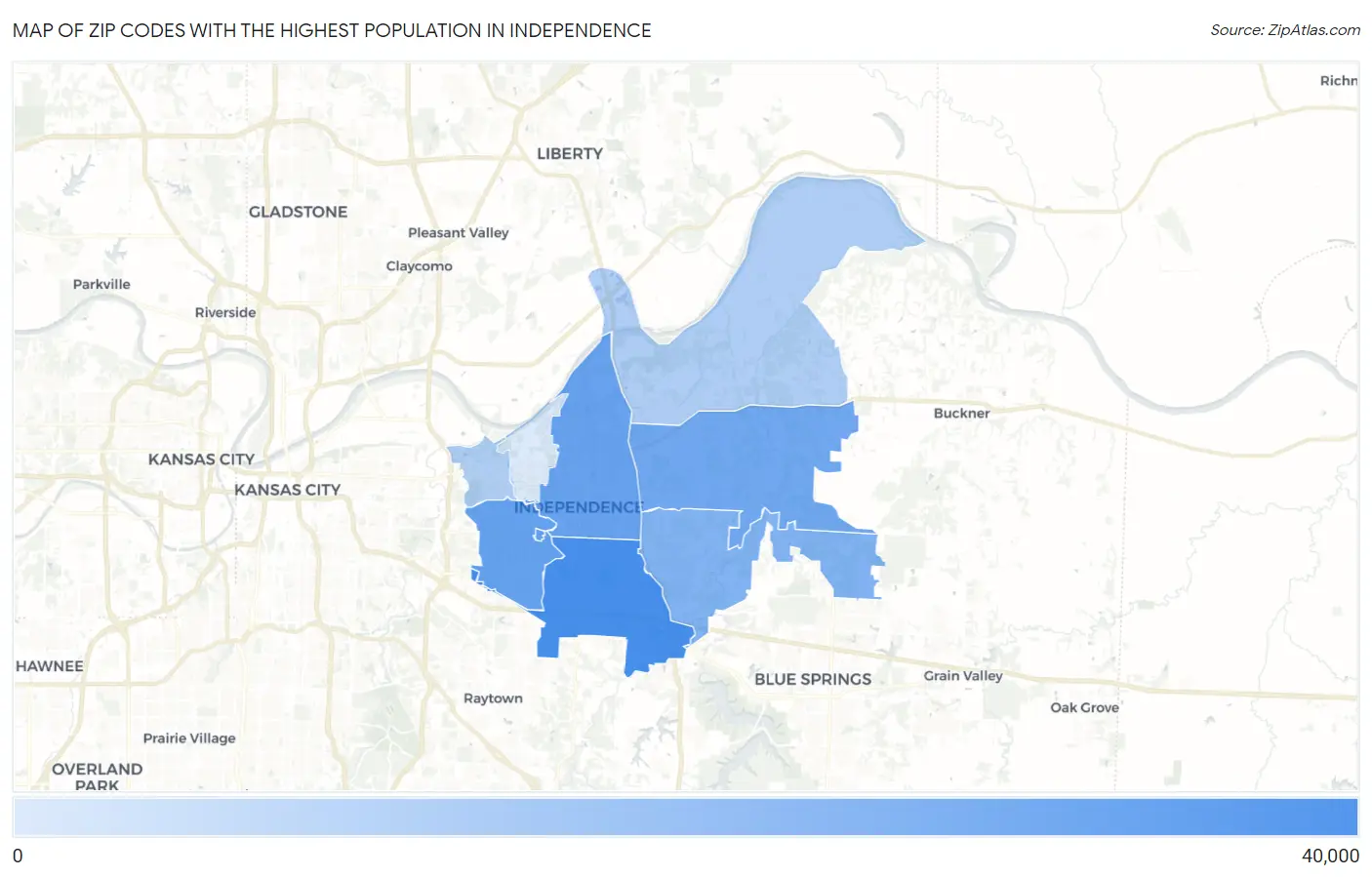 Zip Codes with the Highest Population in Independence Map