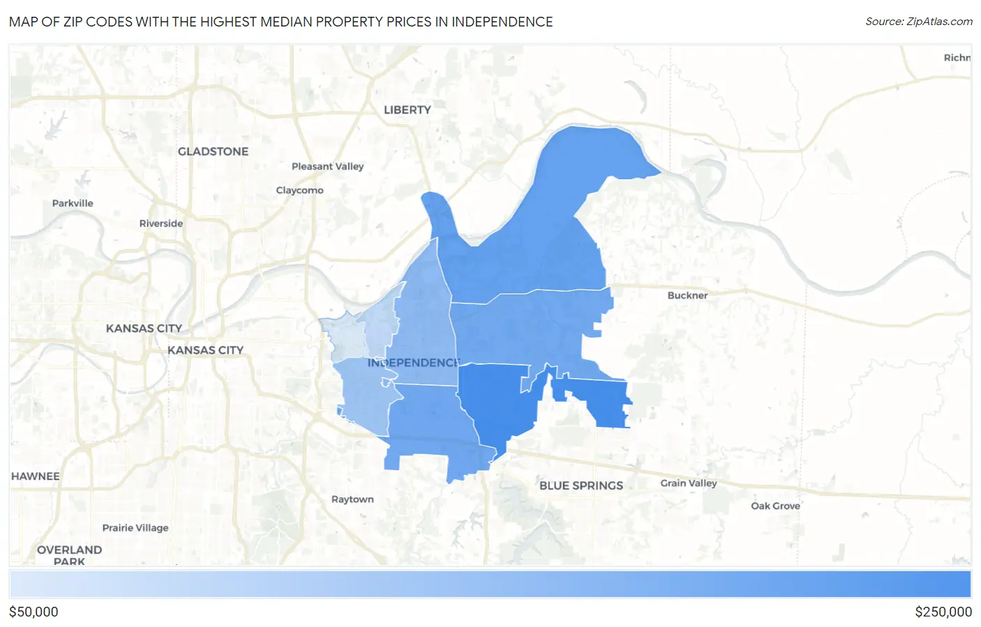 Zip Codes with the Highest Median Property Prices in Independence Map