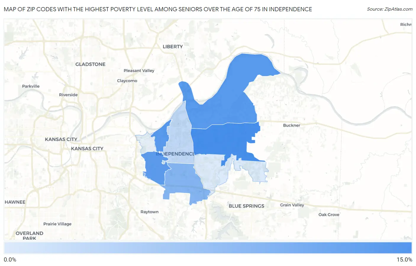 Zip Codes with the Highest Poverty Level Among Seniors Over the Age of 75 in Independence Map