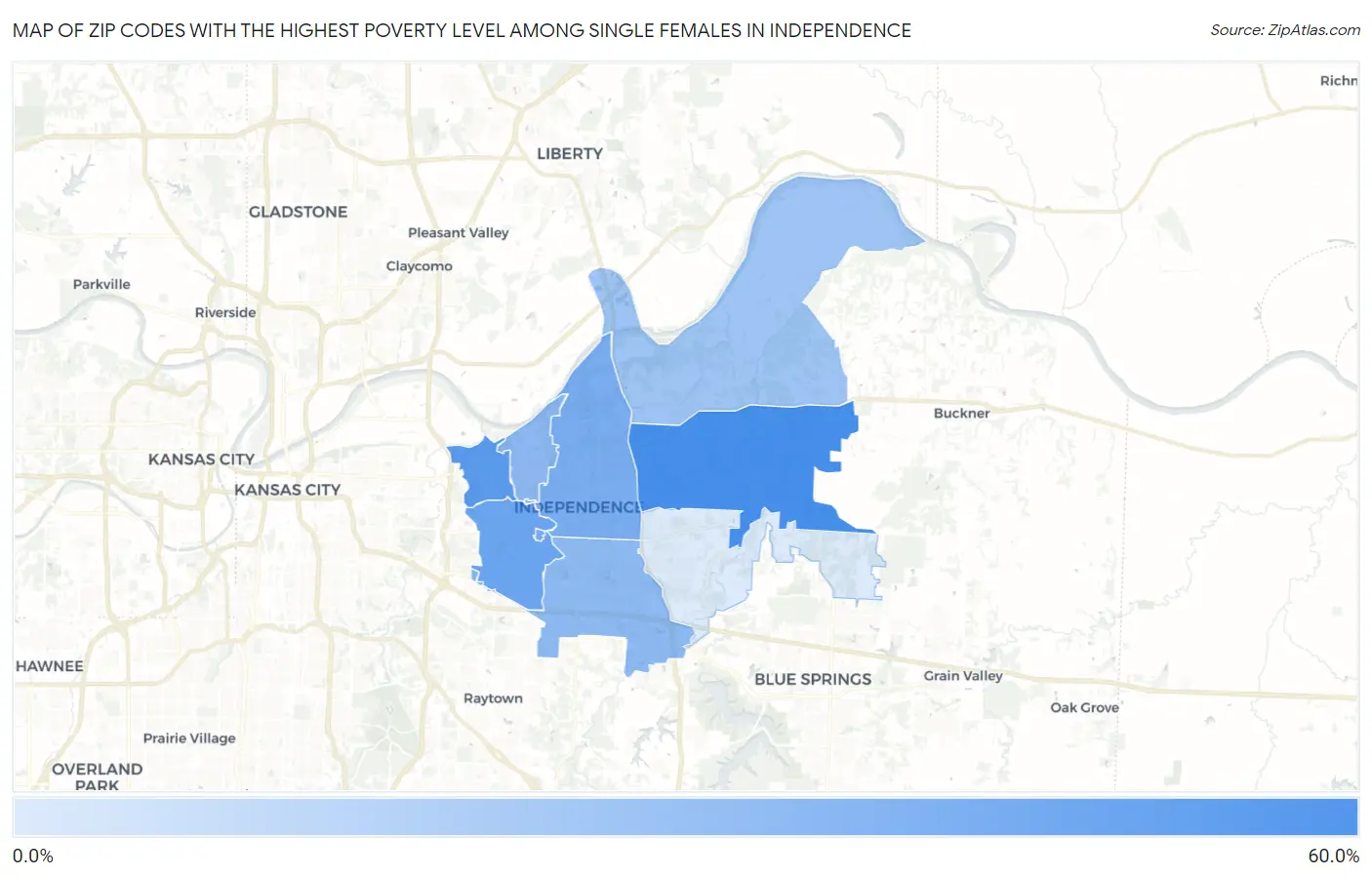 Zip Codes with the Highest Poverty Level Among Single Females in Independence Map