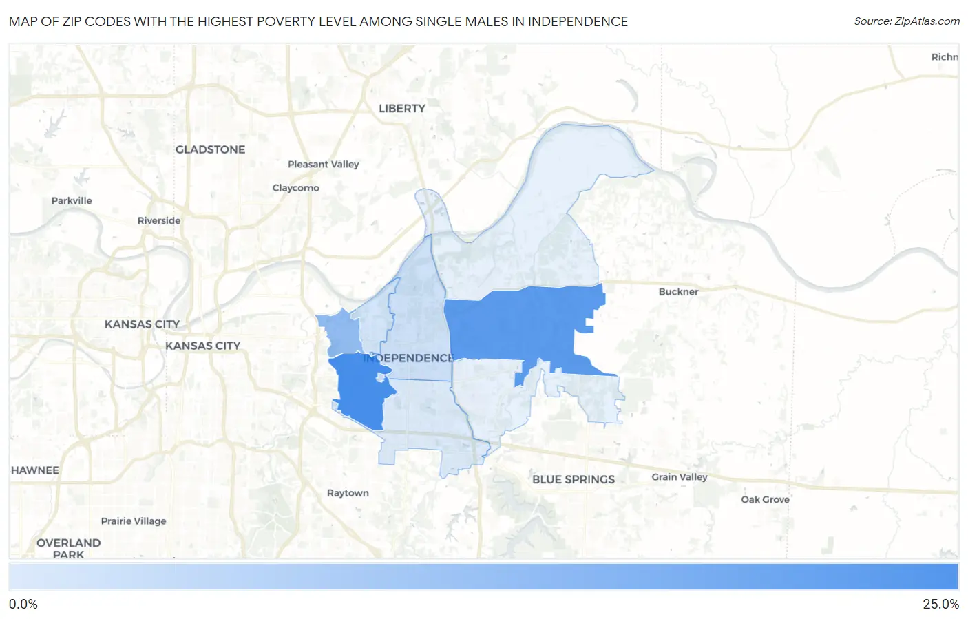 Zip Codes with the Highest Poverty Level Among Single Males in Independence Map